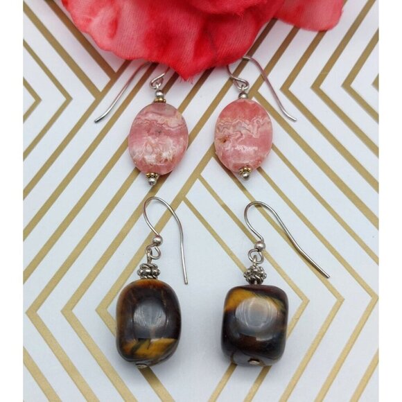 Lot of 2 Drop Dangle Natural Stone Pink & Tiger Eye Pierced Hook Earrings 1.25" - Picture 1 of 9